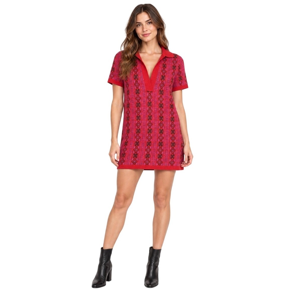 Free People Women Red Pink Diamond Geometric Knit Polo Mini Dress Short Sleeve M
